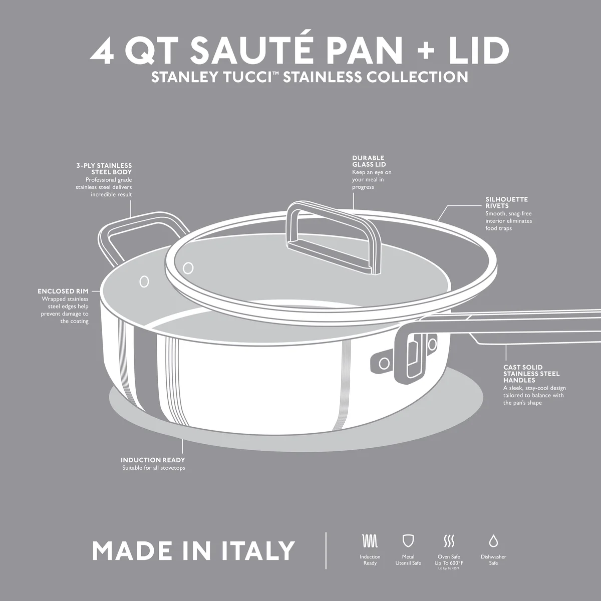 Stanley Tucci™ Uncoated Stainless Steel 4-Quart Sauté Pan with Lid - Image 4